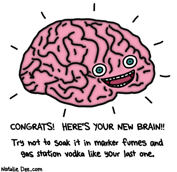 Natalie Dee comic: fresh new brain * Text: congrats heres your new brain try not to soak it in marker fumes and gas station vodka like your last one
