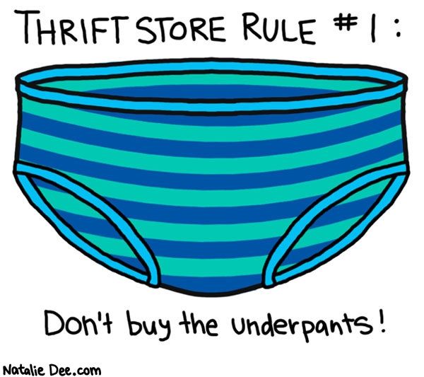 Natalie Dee comic: yuck dont buy em * Text: 
THRIFT STORE RULE #1:


Don't buy the underpants!



