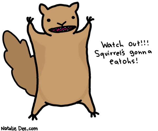 Natalie Dee comic: watchohs * Text: 
Watch out!!! Squirrel's gonna eatohs!



