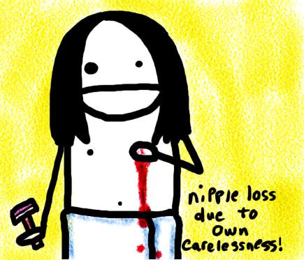 Natalie Dee comic: nippleloss * Text: 

nipple loss due to own carelessness!



