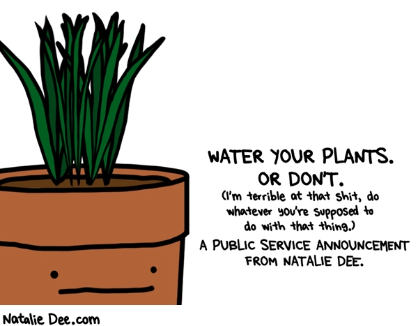 Natalie Dee comic: MAYBE MIX THE DIRT UP OR SOMETHING ARE YOU SUPPOSED TO DO THAT * Text: water your plants or dont im terrible at that shit do whatever youre supposed to do with that thing a public service announcement from natalie dee