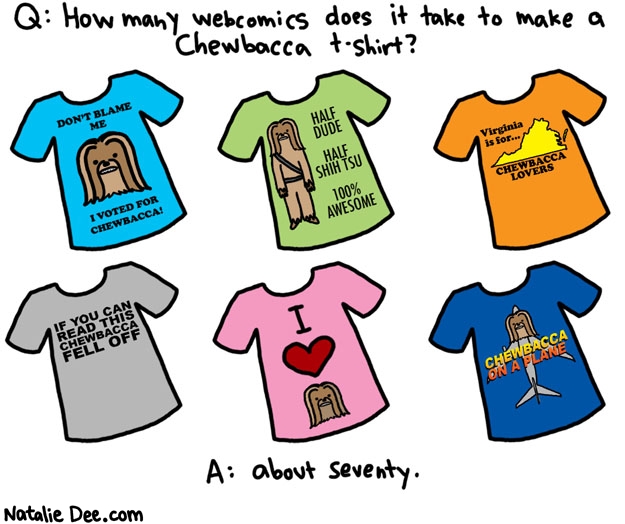 Natalie Dee comic: webcomic joke * Text: Q: how many webcomics does it take to make a chewbacca tshirt A: about seventy
