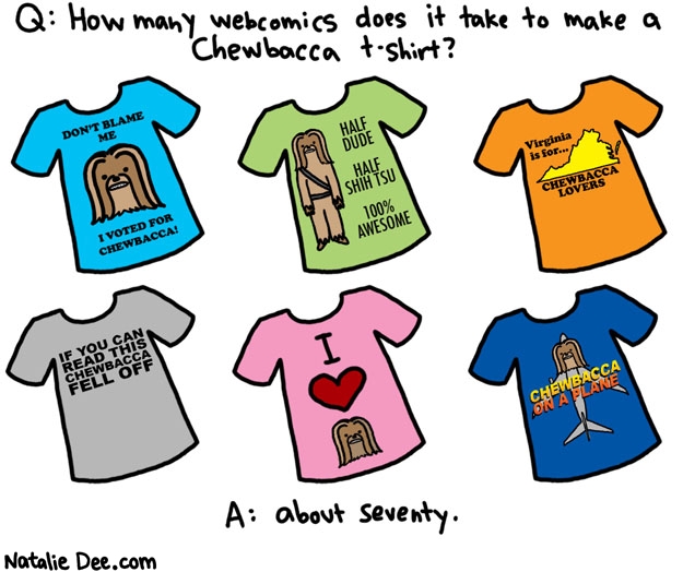 Natalie Dee comic: webcomic joke * Text: Q: how many webcomics does it take to make a chewbacca tshirt A: about seventy
