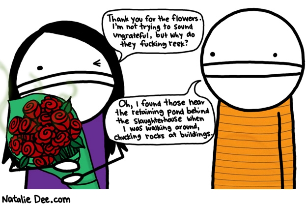 Natalie Dee comic: its the thought that counts * Text: thanks you for the flowers im not trying to sound ungrateful but why do they fucking reek oh i found those near the retaining pond behind the slaughterhouse when i was walking around chucking rocks at buildings.