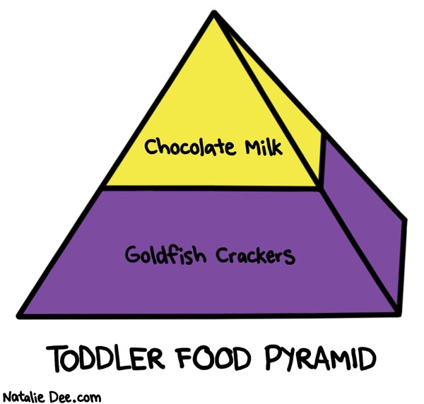 Natalie Dee comic: i really dont know how they dont get scurvy * Text: chocolate milk goldfish crackers toddler food pyramid