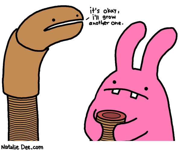 Natalie Dee comic: why is that rabbit so small * Text: its okay ill grow another one