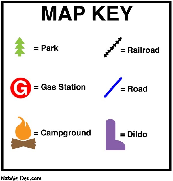 Natalie Dee comic: map key * Text: 
MAP KEY


= Park


= Railroad


+ Gas Station


= Road


= Campground


= Dildo




