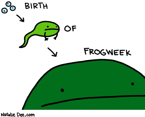 Natalie Dee comic: birth of frogweek * Text: birth of frogweek