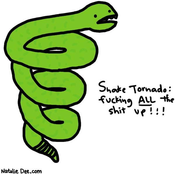 Natalie Dee comic: snake tornado * Text: 

Snake Tornado: fucking ALL the shit up!!!



