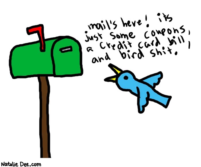 Natalie Dee comic: flappy the mail checking bird * Text: 

mail's here! it's just some coupons, a credit card bill, and bird shit.



