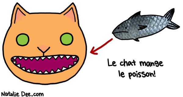 Natalie Dee comic: CW cats apparently speak french too * Text: le chat mange le poisson