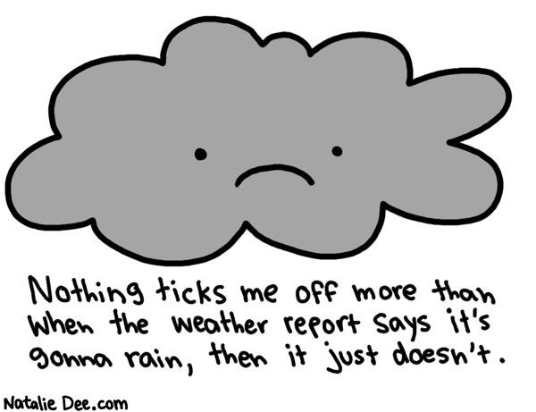 Natalie Dee comic: why you gotta leave me hangin weather channel * Text: 

Nothing ticks me off more than when the weather report says it's gonna rain, then it just doesn't.



