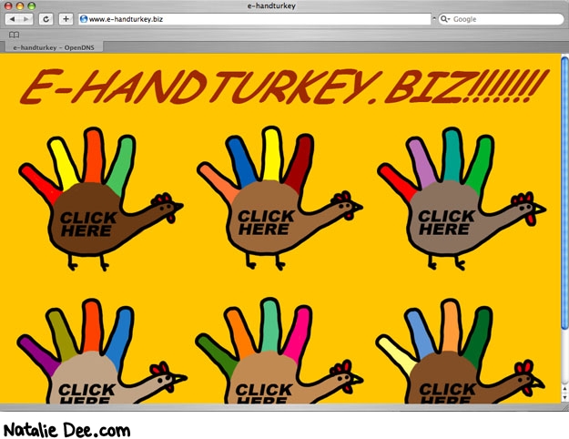 Natalie Dee comic: web three point oh * Text: e-handturkey.biz!!!!!! click here