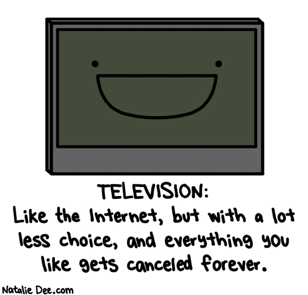 Natalie Dee comic: tv is like an internet with less stuff that costs more and never has anything good on * Text: television like the internet but with a lot less choice and everything you like gets canceled forever
